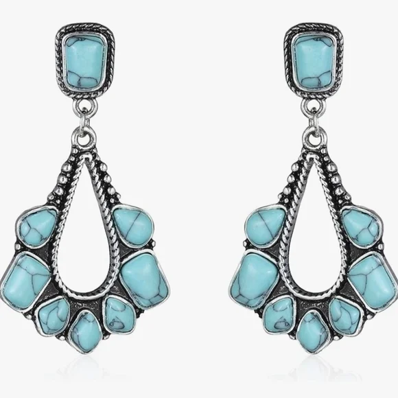 Bohemian Earrings Silver Plated 2" Turquoise Western Jewelry - Picture 3 of 8
